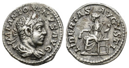 Elagabalus. A.D. 218-222. AR Denarius (3.2 Gr. 18mm.). Antioch 
Laureate and draped bust of Elagabalus right 
Rev. Libertas seated left, holding pileu...