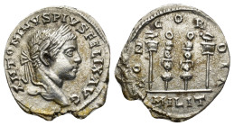Elagabalus AD 218-222. AR Denar (3.1 Gr. 19mm.) Rome 
Laureate draped bust rigt 
Rev. Two standards between two legionary eagles.