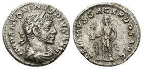 Elagabalus. A.D. 218-222. AR Denarius (2.9 Gr. 18mm.). Rome 
Laureate, horned, draped bust right 
Rev. Elagabalus standing left, holding patera sacrif...