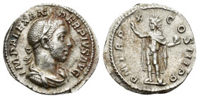 Severus Alexander (222-235 AD). AR Denarius (2.6 Gr. 19mm.), Rome 
 Laureate, draped and cuirassed bust right. 
Rev. Sol radiate, standing left, raisi...