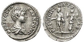 Geta AD 198-211. AR Denar (3.3 Gr. 18mm.) Rome
Bare-headed, draped and cuirassed bust right 
Rev. Geta, in military dress, standing left, holding bran...