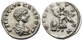 Geta (198-212) AR Denarius (2.3 Gr. 19mm.) Rome
Draped and cuirassed bust of young Geta right
Rev. Victory flying left, crowning shield with wreath.