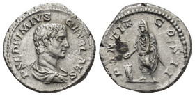 GETA Caesar, 198-209 AR Denarius (3.55 Gr. 18mm.) Rome. 
 Barehead and draped bust right. 
Rev. Genius standing left, sacrificing out of patera over a...