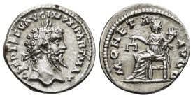 Septimius Severus 198-200 AD. AR Denarius (3.47 Gr. 18mm.) Rome
 Laureate bust right. 
Rev. Moneta seated left holding scales and cornucopia.