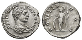 Geta. As Caesar, A.D. 198-209. AR Denarius (3.3 Gr. 18mm.). Rome 
 Under Septimius Severus and Caracalla, A.D. 200-205. 
Bare-headed and draped bust o...
