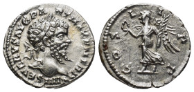 SEPTIMIUS SEVERUS (193-211). Denarius. (18mm, 3.0 g) Laodicea ad Mare. Obv: L SEPT SEV AVG IMP XI PART MAX. Laureate head right. Rev: COS II P P. Vict...