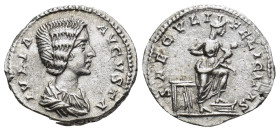 Julia Domna AR Denarius. (19mm, 3.3 g) Laodicea, AD 196-202. IVLIA AVGVSTA, draped bust right, hair in chignon in back / SAECVLI FELICITAS, Isis weari...