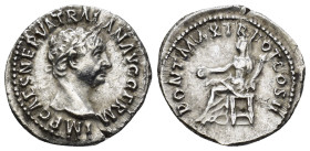 Trajan. A.D. 98-117. AR denarius (19mm, 3.1 g). Rome mint, struck A.D. 98. IMP CAES NERVA TRAIAN AVG GERM, laureate and draped bust right / PONT MAX T...