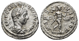 Elagabalus AR Denarius. (18mm, 2.86 g) Rome, AD 219. IMP CAES ANTONINVS AVG, laureate and draped bust right / MARS VICTOR, Mars advancing right, holdi...