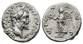 Septimius Severus. AD 193-211. AR Denarius (17mm, 3.25 g). Emesa mint. Struck AD 194-195. Laureate head right / VICT AVG, Victory standing left on a g...