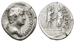 Hadrian AR Denarius. (18mm, 3.04 g) Rome, AD 134-138. HADRIANVS AVG COS III P P, bare head right / ADVENTVS AVG, Roma standing right, holding spear an...