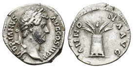 Hadrian. A.D. 117-138. AR denarius (17mm, 2.8 g). Rome mint, struck ca. A.D. 134-138. HADRIANVS AVG COS III P P, bare head right / ANNONA AVG, modius ...