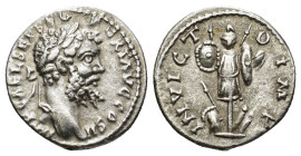 SEPTIMIUS SEVERUS (193-211). Denarius. (17mm, 3.65 g) Laodicea. Obv: IMP CAE L SEP SEV PERT AVG COS II. Laureate head right. Rev: INVICTO IMP. Trophy ...