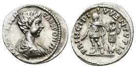 Caracalla, as Caesar, AR Denarius. (18mm, 2.8 g) Rome, AD 196-198. M AVR ANTON CAES PONTIF, bare-headed, draped and cuirassed bust right / PRINCIPI IV...