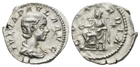 JULIA PAULA, first wife of Elagabalus, 219 AD. AR Denarius (17mm, 2.99 g). IVLIA PAVLA AVG Draped bust / CONCORDIA Concordia seated holding patera, st...