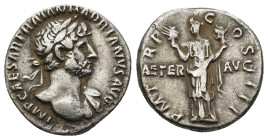 Hadrian. Silver Denarius (18mm, 3.2 g), AD 117-138. Rome, ca. AD 119-125. IMP CAESAR TRAIAN HADRIANVS AVG, laureate bust of Hadrian right, drapery on ...