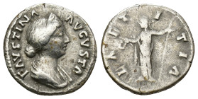 FAUSTINA II (147-175). AR Denarius. Rome. (3.5 Gr. 17mm.)
Obv: FAVSTINA AVGVSTA. Draped bust right. 
Rev. Laetitia standing left, holding wreath and s...