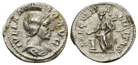 Julia Maesa AR Denarius. Rome, AD 218-220. (3.2 Gr. 18mm.)
 Draped bust right 
Rev. Felicitas standing left, holding long caduceus and sacrificing ove...