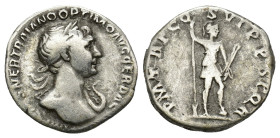 Trajan (98-117 AD), AR Denarius Rome (3.5 Gr. 17mm.)
Laureate bust right, aegis on far shoulder, bare chest showing. 
 Rev. Virtus standing right, foo...