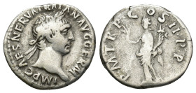 Trajan (AD 98-117). AR Denarius (3.16 Gr. 18mm.) Rome 
Laureate head of Trajan right 
Rev. Pax standing facing, head left, olive branch upward in righ...