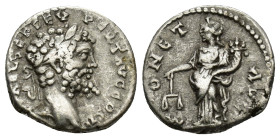 Septimius Severus AR Denarius. (2.89 Gr. 16mm.) Emesa, AD 194-195.
 Laureate head right 
Rev. Moneta standing left, holding scales and cornucopia.