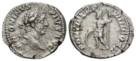 Caracalla (198-217 AD). AR Denarius (3.26 Gr. 20mm.) Rome. 
Laureate head right. 
Rev. Mars, in military dress, standing left, resting right hand on s...