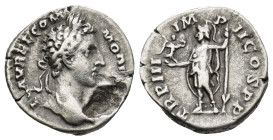 Commodus (177-192) AR Denarius. (2.8 Gr. 18mm.) Rome
Laureate head right 
Rev. Roma standing left, holding Victory and spear.