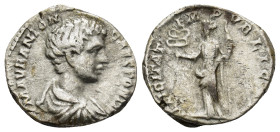 Caracalla, (A.D. 198-217) AR Denar (3.33 Gr. 17mm.) Rome
Laureate bust to right
Rev. Felicitas standing to left, holding caduceus and cornucopiae