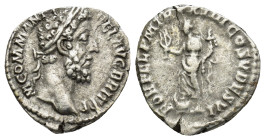 Commodus. A.D. 177-192. AR Denarius (2.43 Gr. 16mm.). Rome 
Laureate head right 
Rev. Fortuna standing left, foot on prow, holding caduceus and cornuc...