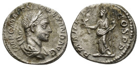 Severus Alexander AD 222-235 AR Denarius (3.5 Gr. 18mm.)
Laureate, draped bust right
Rev. Pax left, branch, sceptre.