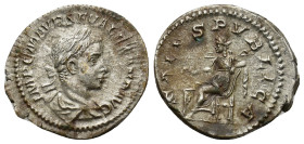 SEVERUS ALEXANDER (222-235). Denarius. (2.8 Gr. 20mm.) Rome.
Laureate, draped and cuirassed bust right.
Rev. Salus seated left, feeding from patera a ...