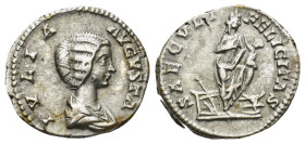 JULIA DOMNA (Augusta, 193-211). AR Denarius. (3.3 Gr. 18mm.) Rome. 
Draped bust right. 
Rev. Isis standing right, foot set on prow, holding Horus in a...