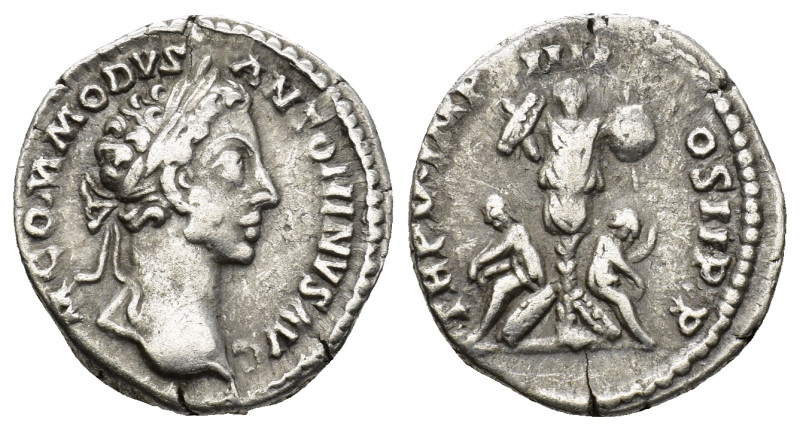 Commodus. AD 177-192. AR Denarius (3 Gr. 17mm.). Rome 
Laureate head right 
Rev....