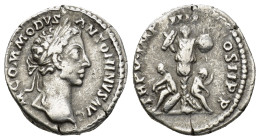 Commodus. AD 177-192. AR Denarius (3 Gr. 17mm.). Rome 
Laureate head right 
Rev. Trophy; at base, male and female captive seated on shield on either s...