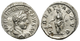 Elagabalus. A.D. 218-222. AR Denarius (2.9 Gr. 18mm.). Rome 
Laureate, draped and cuirassed bust of Elagabalus right.
Rev. Libertas standing facing, h...