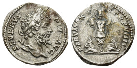 Septimius Severus, 193-211. AR Denarius (3.3 Gr. 18mm.), Rome. 
Laureate head of Septimius Severus to right. 
Rev. Trophy with two captives at its bas...