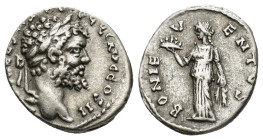 SEPTIMIUS SEVERUS. 193-211 AD. AR Denarius (3.1 Gr. 17mm.). Emesa
Laureate head right 
Rev. Bonus Eventus standing front, head left, holding plate of ...