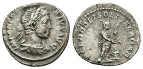 ELAGABALUS, (A.D. 218-222) AR Denarius (2.3 Gr. 19mm.) Rome 
Laureate bust of Elagabalus draped to right
Rev. Elagabalus standing to right, sacrificin...