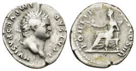Titus, as Caesar (Vespasian, 69-79) AR Denarius (3.3 Gr. 18mm.) Rome 
Laureate head right. 
Rev. Pax seated left, holding branch.