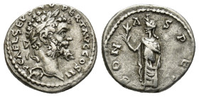 Septimius Severus, 193-211. AR Denarius (3.25 Gr. 17mm.), Emesa 
Laureate head of Septimius Severus to right.
 Rev. Spes advancing left, holding flowe...