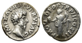 Lucius Verus AD 161-169. AR Deanrius (3 Gr. 17mm.) Rome
Bare head right 
Rev. Providentia standing left, holding globe and cornucopiae.