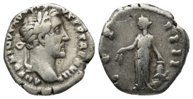 Antoninus Pius. 155 AD. AR Denarius (3.32 Gr. 17mm.) Rome. 
laureate head to right. 
Rev. Annona standing to left, holding grain ears and resting hand...