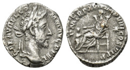 Commodus. AD 177-192. AR Denarius (2.9 Gr. 16mm.). Rome 
 Laureate head right 
Rev. Pietas seated left, holding scepter; before her, child standing ri...
