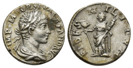 Severus Alexander, 222-235. AR Denarius (3.9 Gr. 17mm.) Rome. 
Laureate head of Severus Alexander to right, with slight drapery on his left shoulder. ...