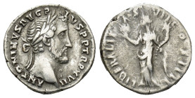 Antoninus Pius Augustus, 138 -161. AR Denarius (3.4 Gr. 18mm) Rome
 Laureate head right. 
 Rev. Liberalitas standing left, holding abacus and cornucop...