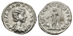 Julia Mamea (222-235), AR Denarius (2.9 Gr. 18mm.) Rome
Draped bust right. 
Rev. Juno diademed standing left, holding patera and sceptre, peacock at f...