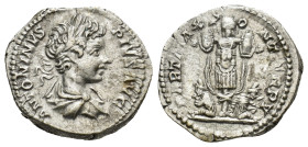 CARACALLA, A.D. 198-217. AR Denarius (3.2 Gr. 18mm) Rome 
Laureate and draped bust right. 
 Rev. Trophy; at base, bound captive seated to left right. ...