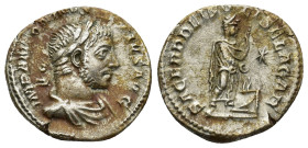 Elagabalus. A.D. 218-222. AR Denarius. (3 Gr. 18mm.) Rome 
Laureate, draped, and horned bust right
Rev. Elagabalus standing right, holding club and sa...