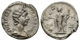 Julia Mamaea (wife of Severus Alexander) AR Denarius. (3.1 Gr. 18mm.) Rome 
Diademed and draped bust right 
Rev. Vesta standing left, holding palladiu...