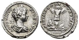 Caracalla AR Denarius.(3.3 Gr. 18mm.) 201 AD. Rome 
Laureate, draped bust right. 
Rev: Trophy with two Persians bound and seated back to back at its b...